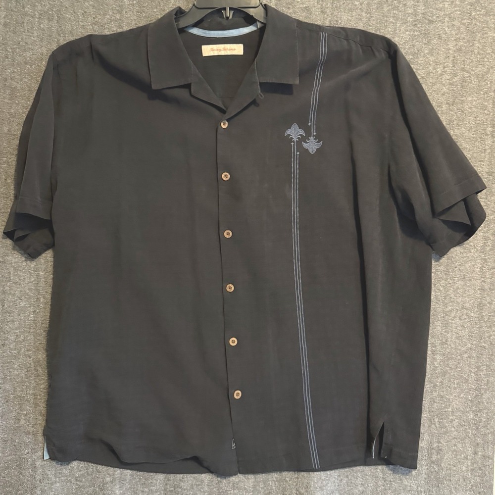 Tommy Bahama Men's Short Sleeve 100% Black Silk Embroidered Button-Up Shirt XXL - Picture 2 of 7